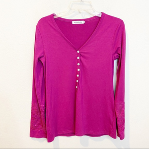MISSLOOK‎  Boutique Lace Cuff Henley Long Sleeve Tee Pink